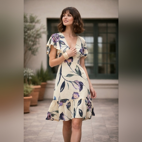 Corey Lynn Calter Dresses & Skirts - Anthropologie COREYLYNN CALTER 100% Silk Floral Cape Sleeve Dress – Size 14
